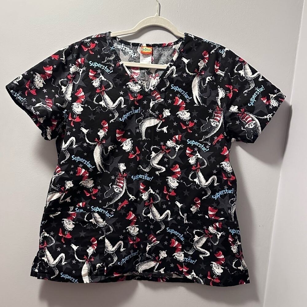 Dr Seuss superstar scrub top women large cat in the hat